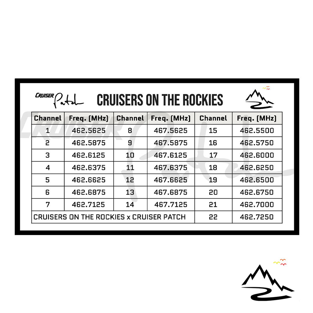 Cruisers on the Rocks GMRS & FRS radio channel frequency cheat sheet sticker