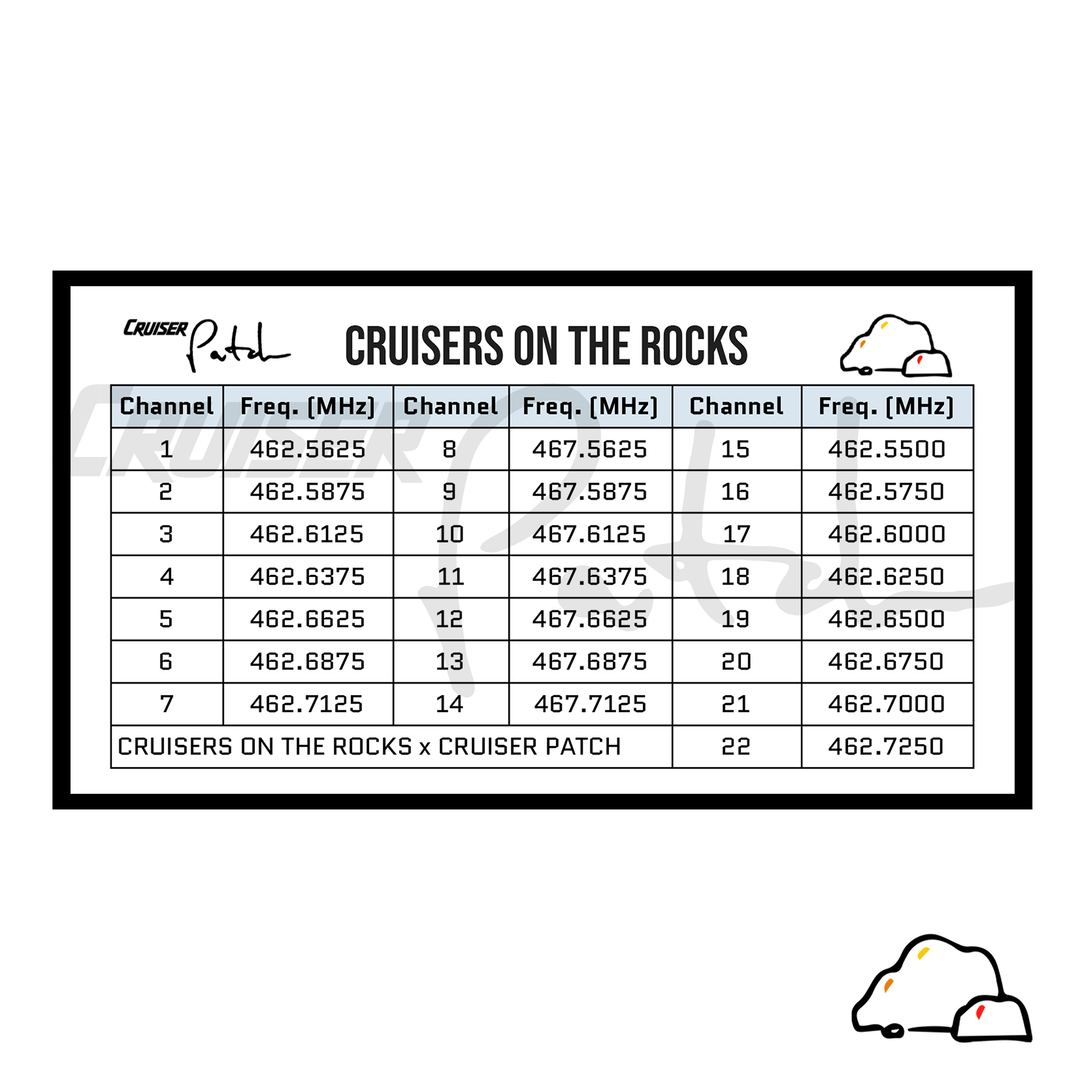 Cruisers on the Rocks GMRS & FRS radio channel frequency cheat sheet sticker