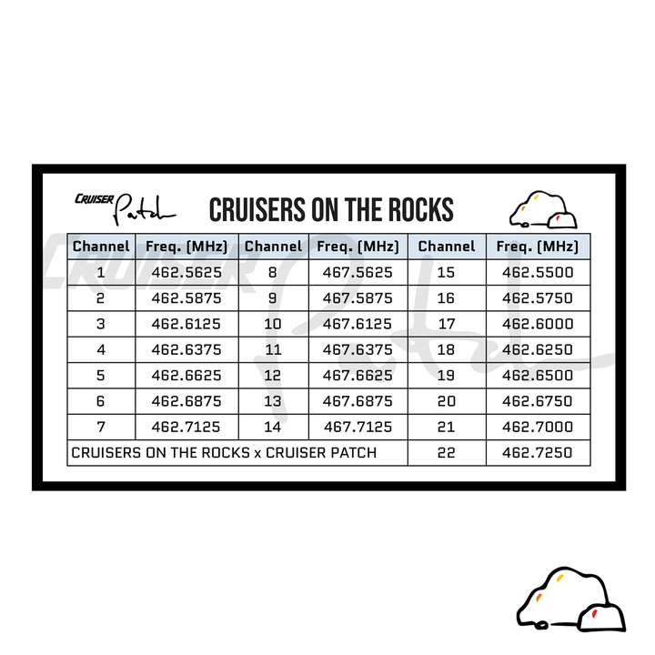 Cruisers on the Rocks GMRS & FRS radio channel frequency cheat sheet sticker